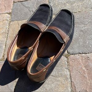 Johnston & Murphy Mens Black Two Tone Nubuck Brown Leather Penny Loafers Size 13